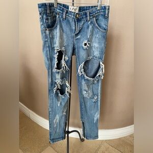 Blue Boyfriend Jeans with Distressed Vintage Look